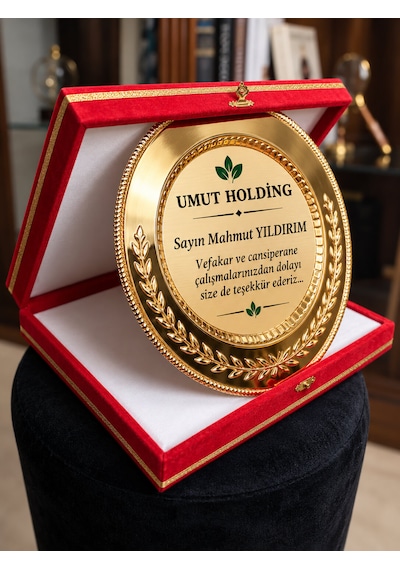 Kadife Kutulu Gold Metal Plaket Başak Zeytin Dalı Desenli Kamu Kurumlar İçin Tebrik Ödül Plaketi Kırmızı