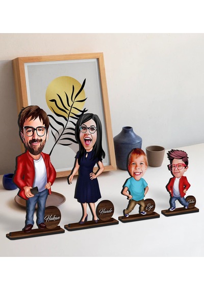 Bk Gift Kişiye Özel 4 Lü Aile Karikatürlü Ahşap Biblo Seti Model-2