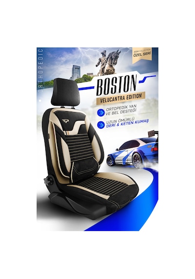 Siyah - Bej Garni Panda Boston Serisi Velucantra Kumaş Oto Koltuk Kılıfı - Tam Set