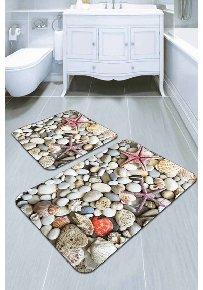 Renkli Deniz Kabuklu Banyo Halısı Klozet Paspas Seti Bs207n11 Çok Renkli