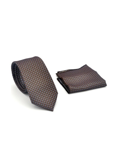 Gaffy Mavi Nokta Desenli Kahverengi Dokuma Kumaş Mendilli Slim Fit Kravat // Sdk-2510-5 Kahverengi