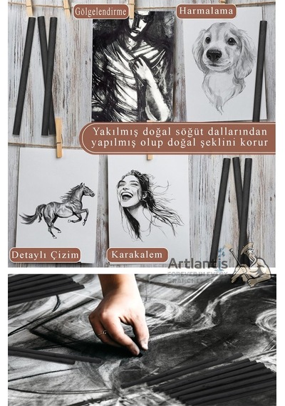 Kömür Çubukları Doğal Füzen 12 Li 1 Paket Eskiz Karakalem Çizim Gölgeleme Kömürü Siyah Willow Charcoal Hobi Sanat