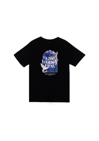 Love Yourself First - Kuş - Gökyüzü - Ay Baskılı Unisex %100 Pamuk Siyah T-shirt SIYAH