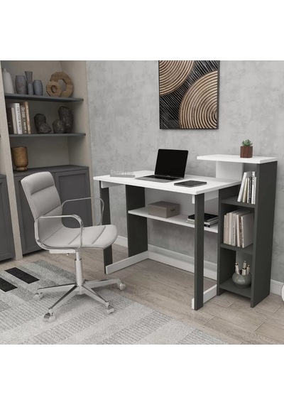 Reyo Home Enda Saye 5 Raflı Kitaplıklı Çalışma Masası Antrasit - Beyaz