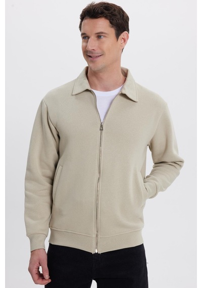 Tudors Unisex Relax Fit Rahat Kesim Pamuklu İçi Polarlı Fermuarlı Taş Polo Yaka Flato Cepli Sweatshirt Hırka-41969 Taş