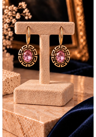 Pembe Zirkon Taşlı Grek Motifli Bakır Kadın Takı Seti Kolye Küpe Yüzük Bileklik Dörtlü Takım