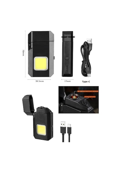 Siyah Gazsız Rezistanslı Elektrikli Usb Şarjlı Çakmak Mini Cob El Fenerli 2 In 1 Mini Projektörlü