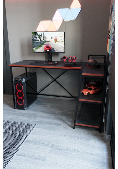 Siyah Raflı Çift Yöne Uygun Oyuncu Masası, Bilgisayar Masası, Gamer Masası, Gaming Masa, L Masa - Sks-l Siyah - Kırmızı