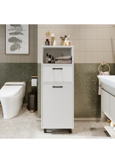 Çamaşır Sepetli Banyo Dolabı, Çok Amaçlı Çekmeceli Dolap 45 Cm Mat Beyaz