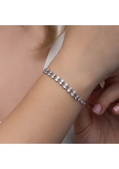 Gümüş Zirkon Taşlı Çift Sıra Kadın Bileklik Gümüş - Rose Gold