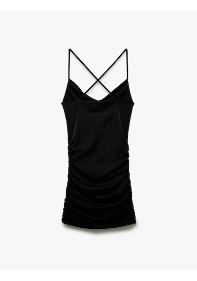 Koton Drapeli Sırt Detaylı Simli İp Askılı Bodycon Mini Abiye Elbise Siyah 5sak80004fk Siyah