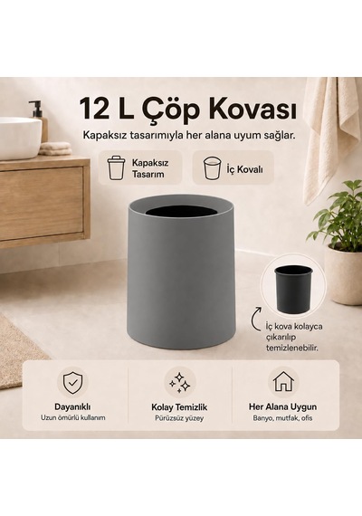 Tr 12 Litre Ofis Tipi Çöp Kovası, Kapaksız Silindir Çöp Kutusu, İç Kovalı Kolay Temizlenebilir Banyo Mutfak Ofi