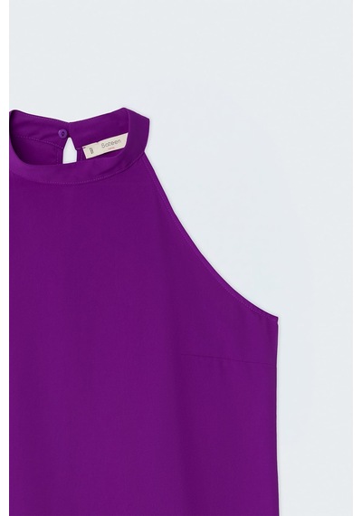 Sateen Halter Yaka Bluz - Mor-137732