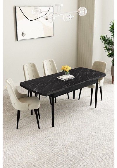 Clara Siyah Mermer Desen 80x132 Açılabilir Mdf Masa Yemek Odası Takımı,mutfak Takımı 4 Adet Sandalye Krem Clara Siyah Mermer Desen 80x132 Açılabilir Mdf Masa Yemek Odası Takımı,mutfak Takımı 4 Adet Sandalye Krem