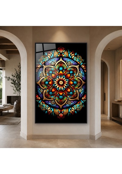 Siyah Fonda Vitray Renklerinde Detaylı Simetrik Mandala Siyah Çerçeveli Cam Tablo