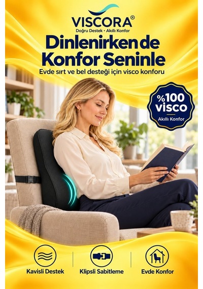 Araba Sırt Minderi Ofis Koltuk Sırt Minderi Ergonomik %100 Visco Klipsli Destek Yastığı, Siyah 45