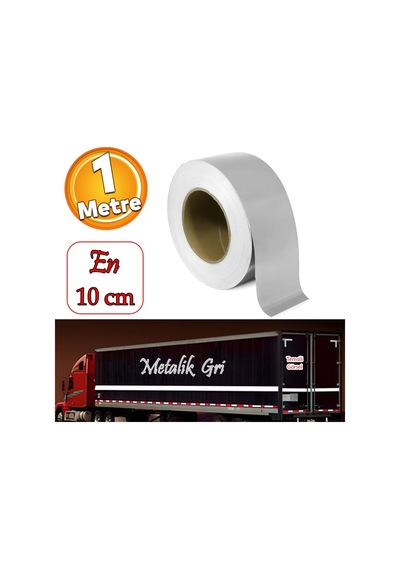 Badem10 Metalize Gri Renk Düz Desensiz En 10 Cm 1 Mt İkaz Bandı Reflektif Gece Parlayan Reflektörlü Bant