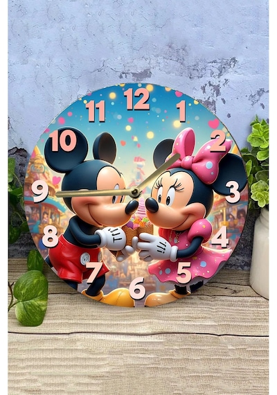 Mickey & Minnie Temalı Renkli Mdf Duvar Saati 3d Görünümlü, Sessiz Mekanizmalı, 2d Hd Baskı Sdw242 Renkli