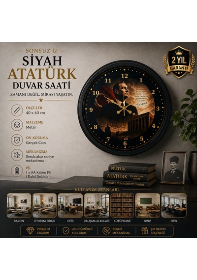 Sonsuz İz Siyah 40 X 40 Cm Metal Atatürk Duvar Saati