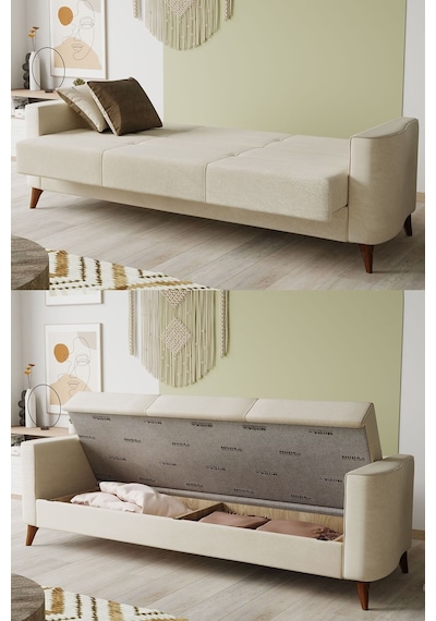 Modalife Star Üçlü Kanepe Yataklı/Sandıklı Krem