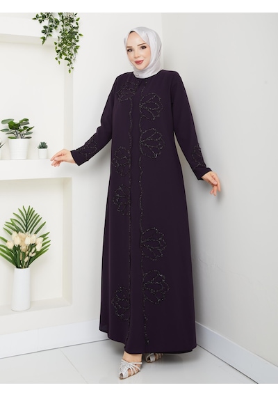 Eslemnur Lotus Çiçek Taşlı Büyük Beden Anne Elbisesi Mürdüm