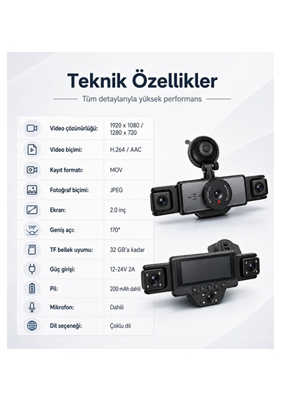 Araç İçi 5 Kameralı Wifi Kayıt Kamerası 2.0 İnç Ekran Full Hd 1080p 170 Geniş Açı