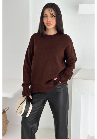 Femelle Kadın Kahverengi Standart Beden Oversize Triko Kazak - 357bnd