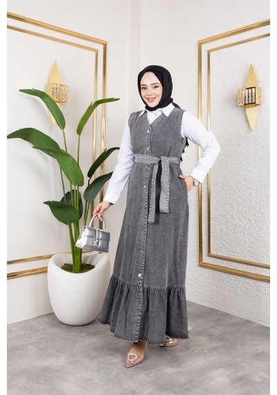 Harman Butik Kadın Düğmeli Kuşaklı Kot Jile Siyah Siyah