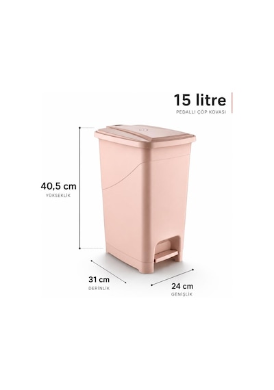 Omnipazar Srl-3028 Slim Pedallı İç Kovalı Plastik Çöp Kovası 15 Litre Pembe