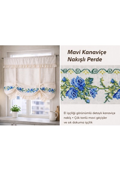 Bağlama Detaylı Romantik Ege Mavi Gül Kanaviçe Nakışlı Buldan Keten Perde %100 Pamuk Buldan Kumaşı Çok Renkli
