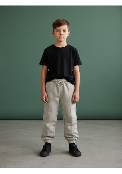 Zekids Erkek Çocuk Pamuklu Yumuşak Dokulu Beli Paçası Lastikli Eşofman Altı-16660 Taş