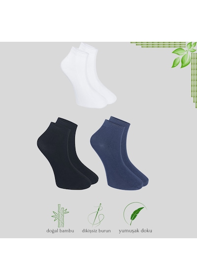 Kral Socks Erkek Bambu Patik Düz Desen Dikişsiz Çorap 3 Çift Beyaz - Lacivert - Siyah