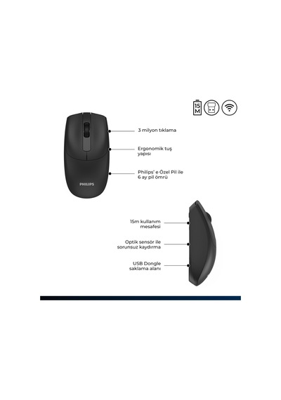 Philips SPK7398 Kablosuz 1600 DPI 3 Tuşlu Optik Sessiz Mouse