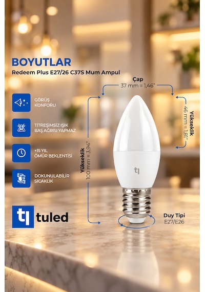 Tuled Redeem Plus 4.3 W Led Ampul, 5700 Kelvin E27 C 37s , Titreşimsiz, Göz Konforu, 609 Lümen, Parlak Beyaz Tekli