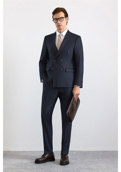 Süvari Lacivert Slim Kruvaze Yaka Düz Pike Torba Cep Yıkamalı 6 Drop Takım Elbise Tk1006900397-m09