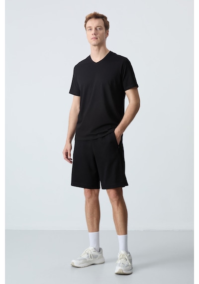 Air Jones Tommy Life Siyah Pamuklu Kalın Yumuşak Dokulu Standart Fit Basic Erkek Şort - 81276 Siyah