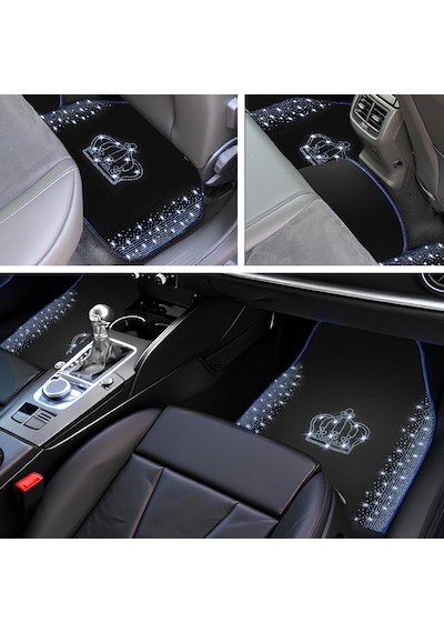 Kristal Taşlı Taç Desenli Işıltılı 5 Li Araç Oto Halı Paspas Seti Lüks & Şık Araç İçi Tasarım