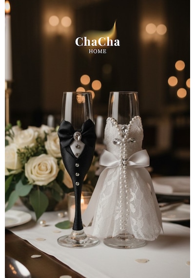 Chacha Home Lüks Düğün Temalı Gelin Damat Kadehi Beyaz - Siyah