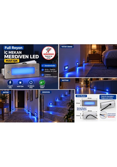 3 Watt, Sensörsüz Mavi Işık Ledli İç Çok Kaliteli Mekan Merdiven, Antre, Hol Aydınlatma Armatürü Krom