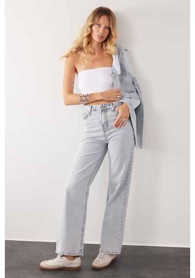 Tudors Kadın Regular Fit Klasik Kesim Pamuklu Bol Paça Açık Mavi Jean Pantolon-39520 Açık Mavi