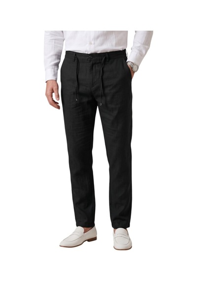 Deepsea Siyah Slim Fit Likralı Keten Dokulu Lastikli Belli İpli Yazlık Erkek Pantolon 2603001