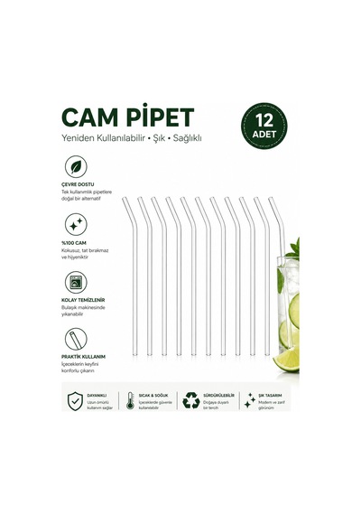 Fizz - 12'li Borosilikat Cam Eğimli Pipet