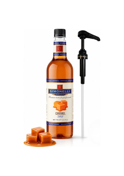 Simonelli Karamel Aromalı Kahve ve Kokteyl Şurubu 700 ML + Şurup Pompası - Latte Frappe Soğuk Sıcak Kahve ve Tatlı Şurubu
