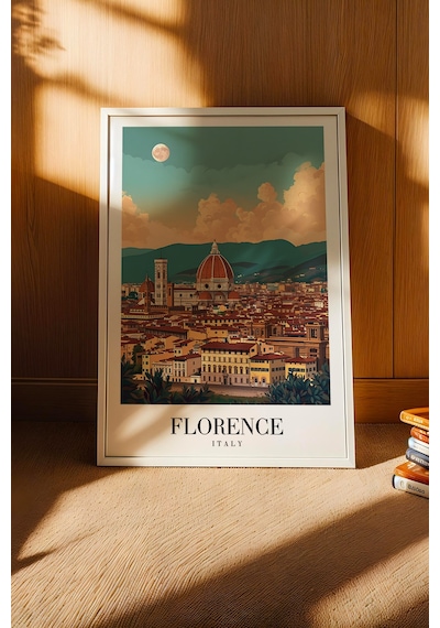 Florence Italy Vintage Seyahat Posteri Çerçeveli Tablo - Premium Floransa Elit Duvar Dekoru Beyaz