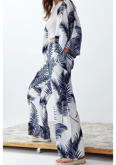 Ersefa Moda Dokuma Baskılı Degaje Yaka Casual Günlük Siyah Desenli Kimon Indigo