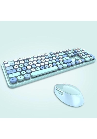 Renkli Daktilo Tarzı Vintage Mekanik Klavye Mouse Pc Laptop Uyumlu Kablosuz