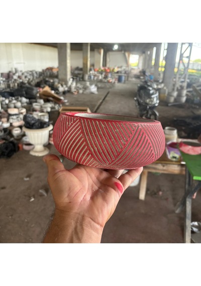 Modern Çizgili Kırmızı Taş Saksı - 20x10 Cm