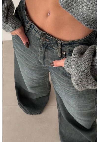 Lacarino 7637 Elephant Leg Kadın Jean Pantolon Green Tint