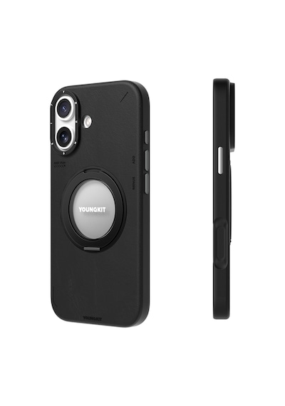 Apple Uyumlu iPhone 17 Kılıf M-safeli 360 Derece Standlı Basit Mat Deri Desenli Youngkit Tech Leather Kapak Siyah Siyah