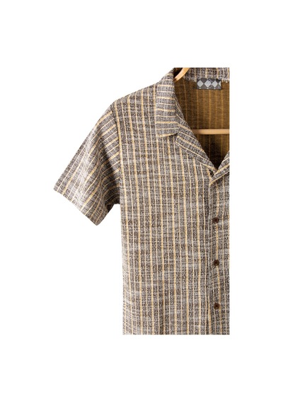 Erkek Sarı Kısa Kollu Slim Fit Çizgi Desenli Pamuklu Yazlık Gömlek Sarı